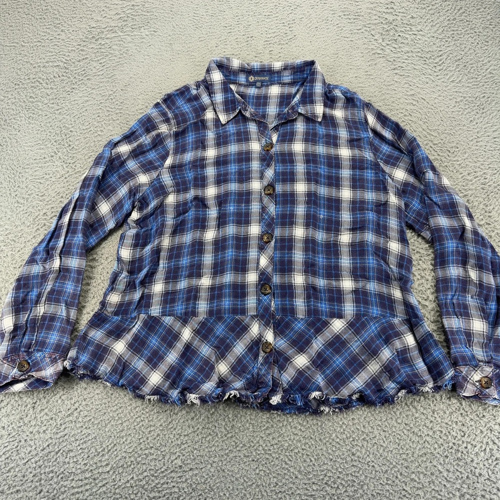 Democracy Shirt Womens XL Blue Plaid Button Down Raw Hem Long Sleeve Flannel